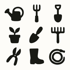 Fototapeta premium Silhouette icons of essential gardening tools and plants