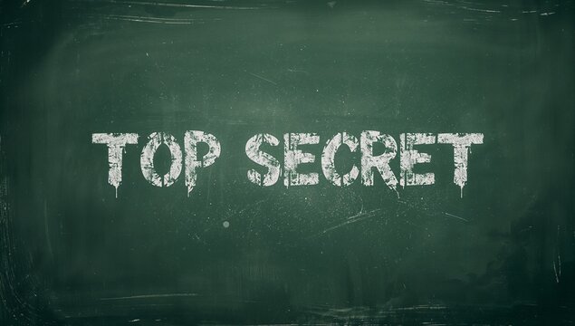 Displaying green chalkboard at office showing weathered white stamped TOP SECRET text, chalk dust - Powered by Adobe