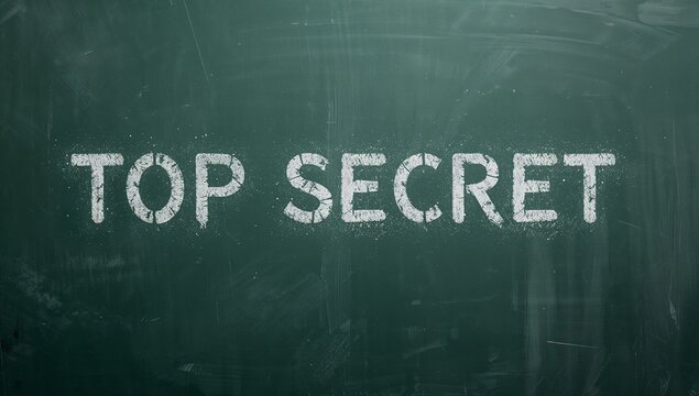 Displaying white 'TOP SECRET' text covering wall-mounted green chalkboard, with chalk dust - Powered by Adobe