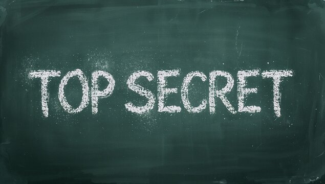 Showing white chalk TOP SECRET text on worn green chalkboard, with dust specks and eraser smudges - Powered by Adobe
