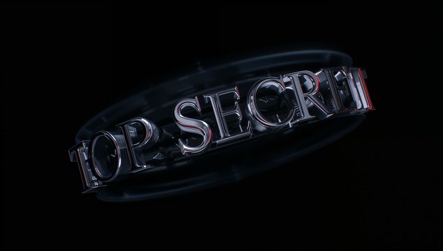 Rotating chrome 3D text TOP SECRET reflecting red rim lighting on curved ring, motion-blur streaks - Powered by Adobe