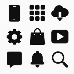 Set of nine black mobile icons: phone, cloud, shopping, video, gear, search, notification