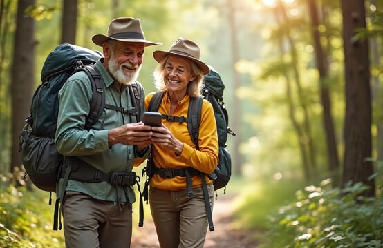 Smiling senior couple with backpacks hike in sunlit forest. They look at phone, sharing path on vacation. Active retired pair enjoys nature, healthy lifestyle, outdoor adventure.