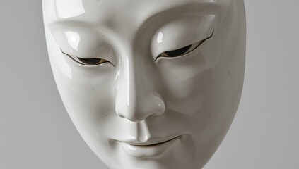 Displaying white glossy porcelain mask at studio center, neutral gray backdrop reflecting light