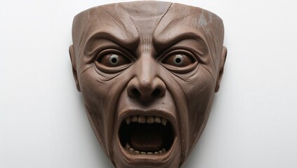 Displaying brown clay head showing terror on white studio wall, with painted eyeballs