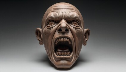 Presenting realistic sculpted head opening mouth, showing teeth and eyes under studio lighting