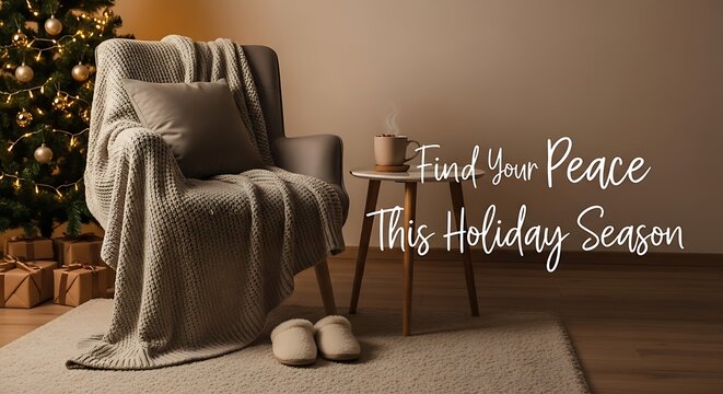 Cozy holiday scene with chair, tree, and text overlay