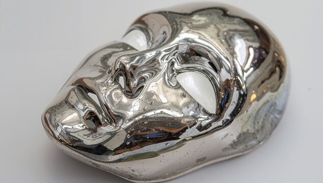 Displaying mirrored chrome human-face mask with distorted reflections on pale-gray table, scratches - Powered by Adobe