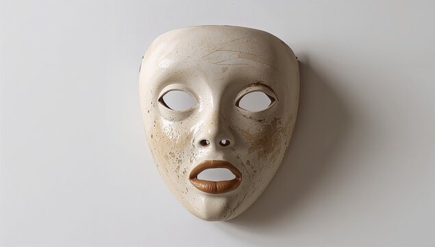 Displaying weathered plaster face mask hanging on plain light wall with visible mounting hardware - Powered by Adobe