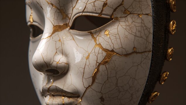 Displaying white porcelain mask showing kintsugi gold veins in studio, with dark strap studs - Powered by Adobe
