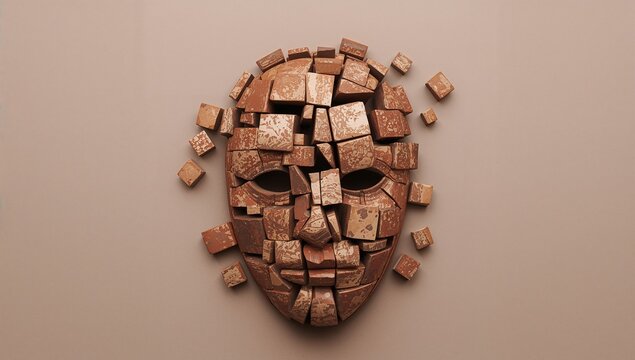 Displaying fragmented mosaic face mask lying flat on matte beige backdrop, showing scattered tiles - Powered by Adobe