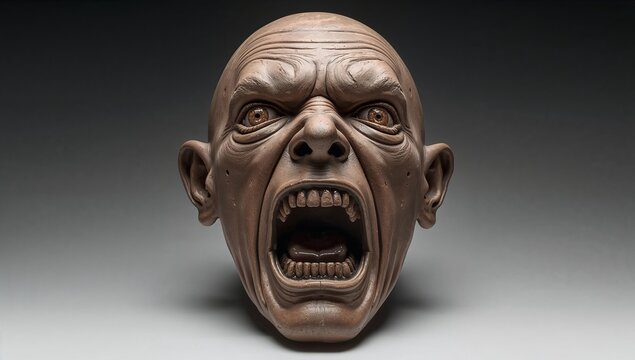 Presenting realistic sculpted head opening mouth, showing teeth and eyes under studio lighting