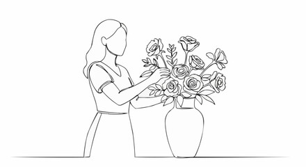 Woman arranging roses in a vase, a delicate line drawing.