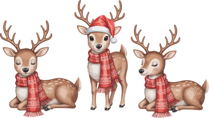 Watercolor Christmas Reindeer Set with Santa Hat and Red Knitted Scarf - Vector Festive Animal Illustration, Cute Holiday Decoration, Winter Cartoon