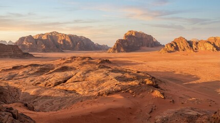 Overview of a desert landscape with rock formations and a clear sky at sunset in a remote location