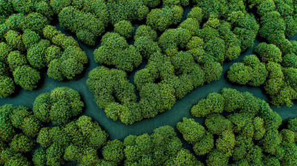 bird's eye view of a dense mangrove forest with water channels