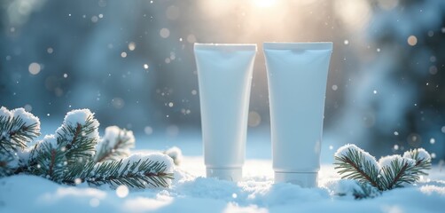 Two white cosmetic tubes sit on snow in pine branches. Product mockup for skincare or lotion, offers winter freshness. Great for seasonal beauty ads.