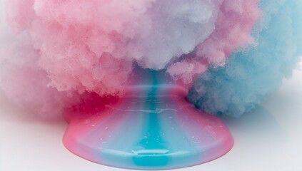 Showcasing pastel pink-blue cotton candy mass melting over white tabletop, with glossy syrup puddle