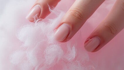 Resting manicured fingertips lightly touching fluffy cotton-like fibers at studio, pale pink nails