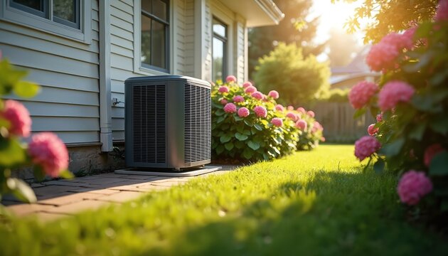 An air conditioning unit sits outside a house. Pink flowers and green grass surround it. Summer day, nice weather near residential building. Comfort and fresh air.