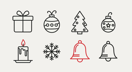 Christmas icons set decorative elements and symbols in modern line art