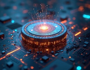 Close-up of futuristic quantum computer chip with glowing orange and blue light. Advanced microchip with neon illumination on circuit board. High-tech electronic component with radiant energy.