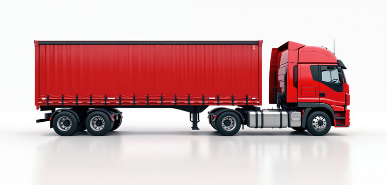 Bright red semi truck pulls long red curtainsider trailer. Heavy commercial vehicle isolated on white, used for cargo, freight transport, global logistics business operations. Modern delivery lorry