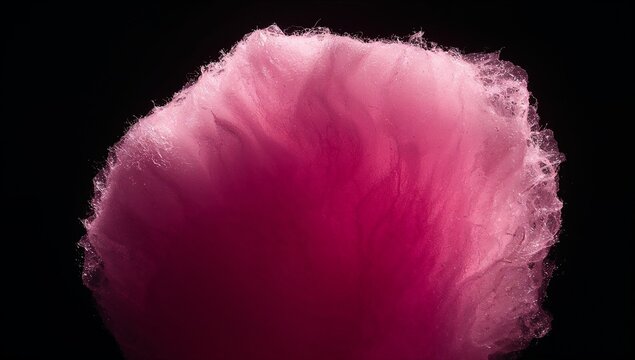 Glowing large pink cotton candy tuft floating in studio, with rim backlight showing fibrous strands