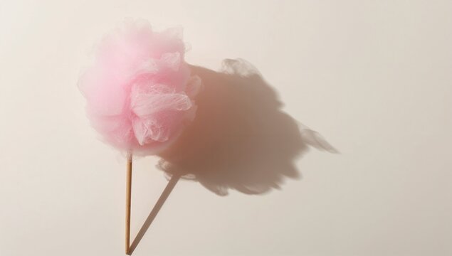 Placing single pink fluffy puff mounted on wooden stick at cream backdrop, with shadow, copy space
