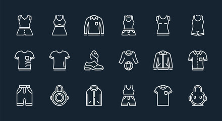 Clothing icons set line art vector illustrations on dark background