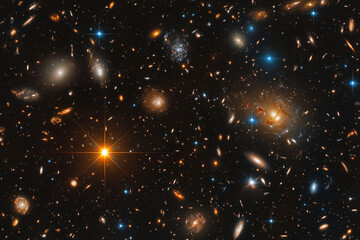 Distorted cosmic landscape shaped by gravitational forces highlights vibrant galaxies and celestial phenomena