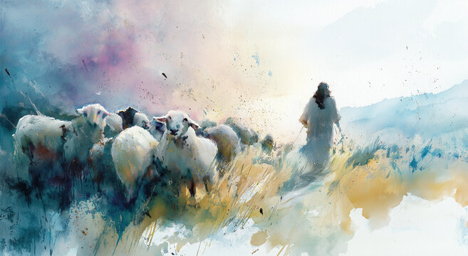Watercolor painting of shepherd guiding flock of sheep across grassy field to safety and peaceful pastures