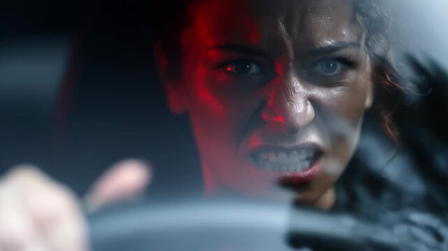 Female driver shows strong emotions anger screams and swears while gripping the steering wheel in a city at night. The tension builds in the atmosphere, showcasing a powerful moment of frustration and