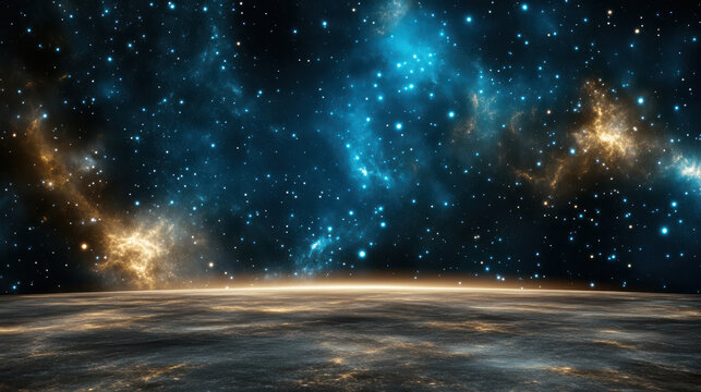 Deep starry nebula night sky with glowing blue and gold clouds, serene cosmic horizon