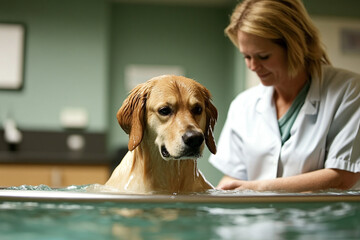 Dog undergoing water therapy for recovery with a professional handler in a clinical setting