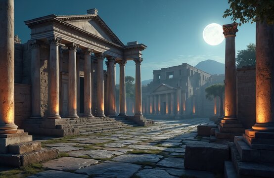 Ancient Roman Forum ruins under clear night sky with full moon. Stone columns and buildings lit by warm lights. Historic Italian landmark viewed by tourists. - Powered by Adobe