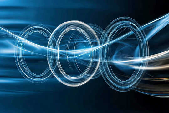Futuristic visualization of energy flows illustrated through dynamic blue light rings in a vibrant design