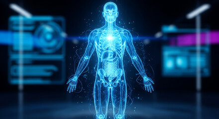 Glowing blue digital human anatomy hologram with futuristic data screens science