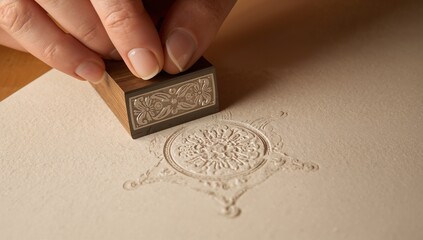 Pressing slender craftsperson hand embossing cream paper at workbench, showing wooden stamp detail