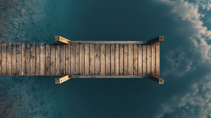 aerial view of wooden pier on calm lake with peaceful water