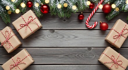 Christmas gifts and decorations on rustic wood background with copy space