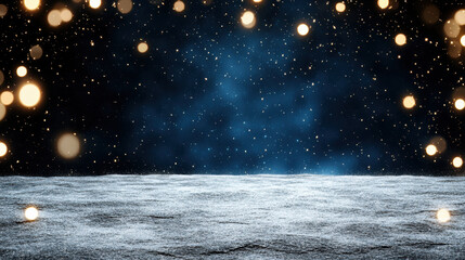 Obraz premium Snowy landscape with glowing bokeh lights and deep navy sky, serene winter night