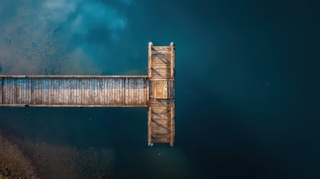 aerial view of wooden pier on calm lake with peaceful water