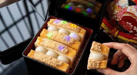 Japaneese cheesecake A hand reaches for a piece of kinako mochi, arranged in a black lacquer box with colorful lights.