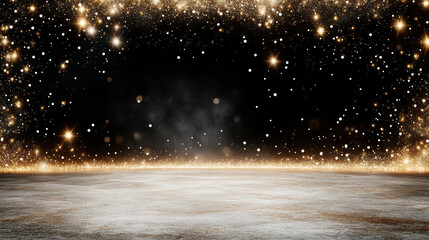 Gold sparkle mist glowing stage with soft glowing center and festive atmosphere
