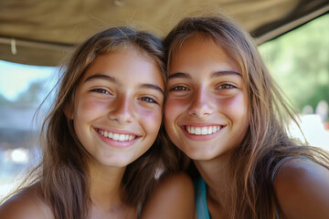 Happy young couple enjoying camping time together in nature, smiling outdoors in tent, relationship generative ai