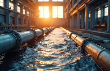Naklejka premium Industrial pipes transport water through a facility. The closed-loop water system recycles liquid. Sun shines through large windows on the factory floor.