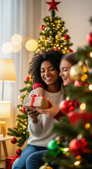 Two smiling young women exchanging a Christmas present near a decorated tree, conveying joy and holiday spirit.