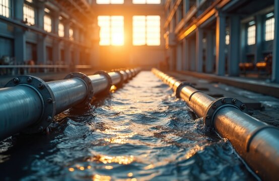 Industrial pipes transport water through a facility. The closed-loop water system recycles liquid. Sun shines through large windows on the factory floor.