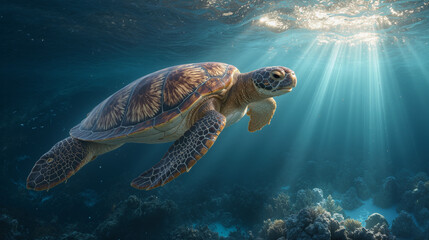 Fototapeta premium Sea turtle gliding gracefully through crystal clear water with sun rays above during a serene underwater scene
